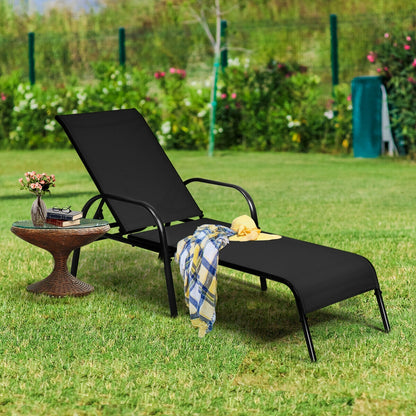 2 Pieces Outdoor Patio Lounge Chair Chaise Fabric with Adjustable Reclining Armrest-Black