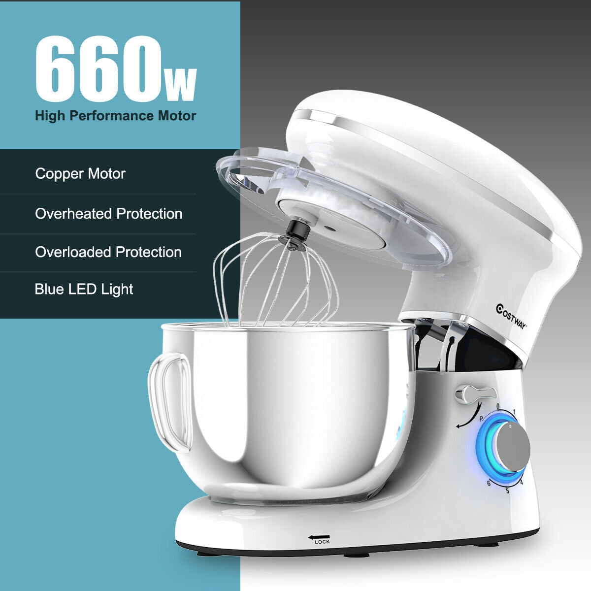 6.3 Quart Tilt-Head Food Stand Mixer 6 Speed 660W-White