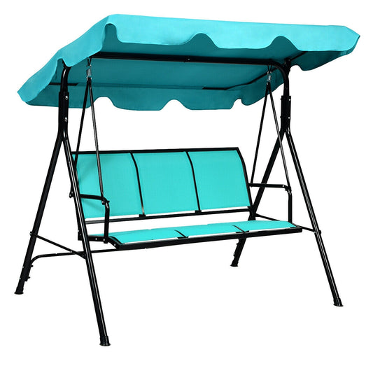 3 Person Patio Swing with Polyester Angle Adjustable Canopy and Steel Frame-Blue