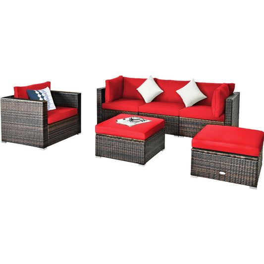 6 Pieces Patio Rattan Furniture Set with Sectional Cushion-Red