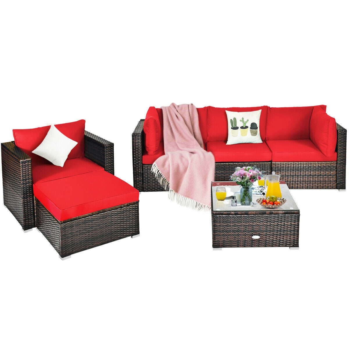 6 Pieces Patio Rattan Furniture Set with Sectional Cushion-Red