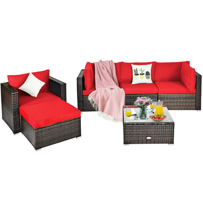 6 Pieces Patio Rattan Furniture Set with Sectional Cushion-Red