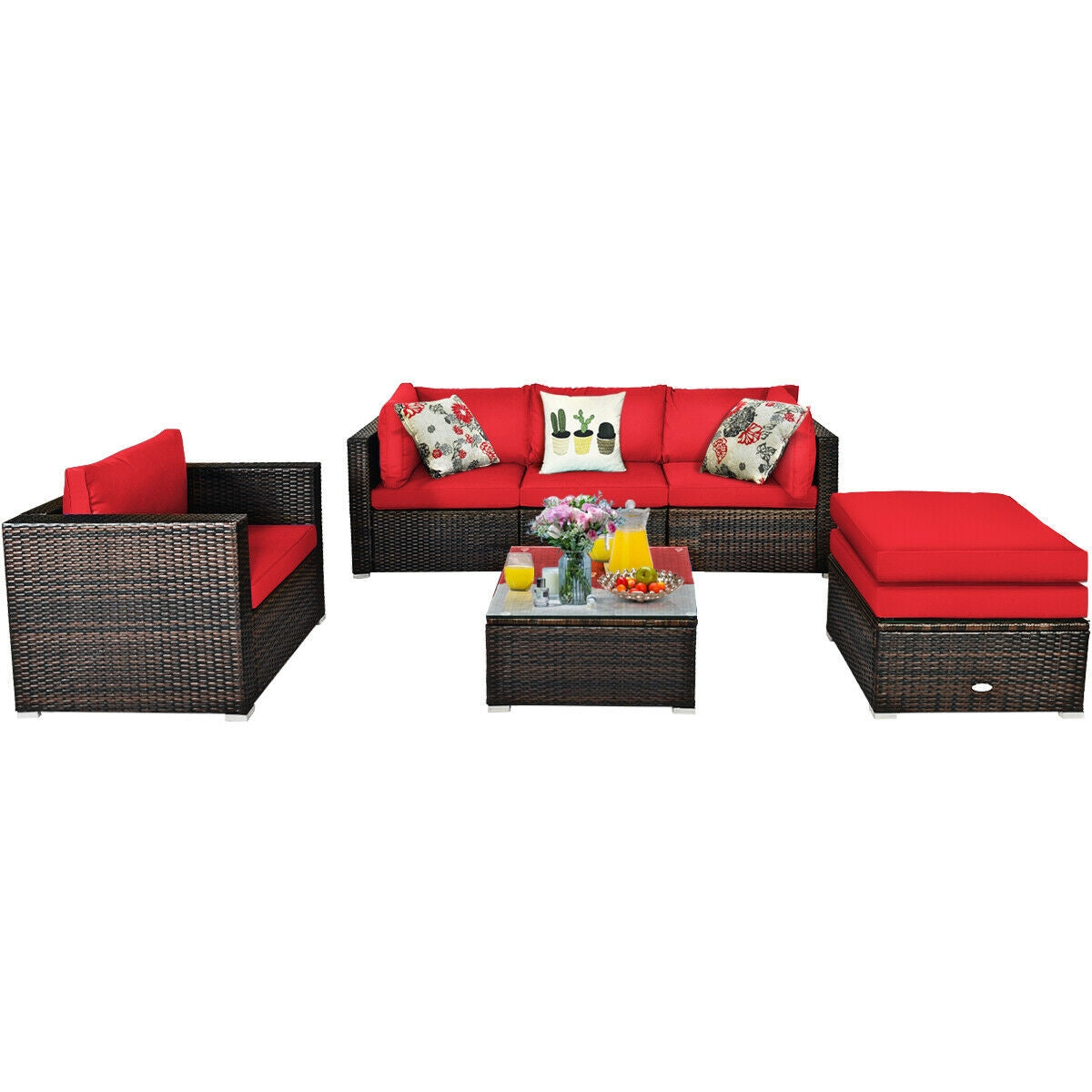 6 Pieces Patio Rattan Furniture Set with Sectional Cushion-Red