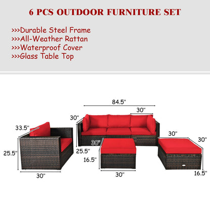 6 Pieces Patio Rattan Furniture Set with Sectional Cushion-Red