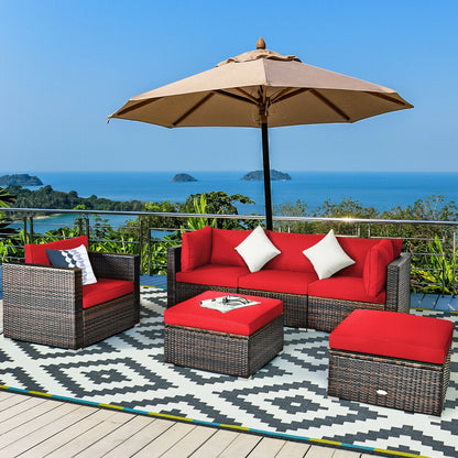 6 Pieces Patio Rattan Furniture Set with Sectional Cushion-Red