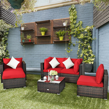 6 Pieces Patio Rattan Furniture Set with Sectional Cushion-Red