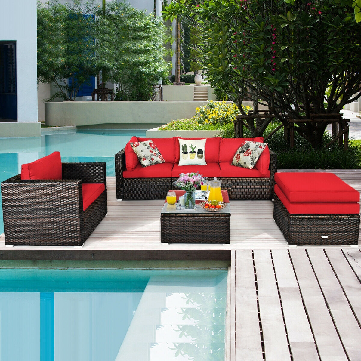6 Pieces Patio Rattan Furniture Set with Sectional Cushion-Red