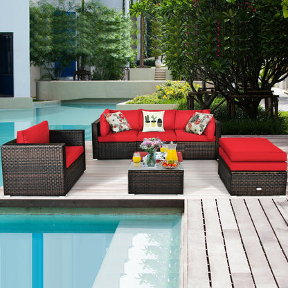 6 Pieces Patio Rattan Furniture Set with Sectional Cushion-Red