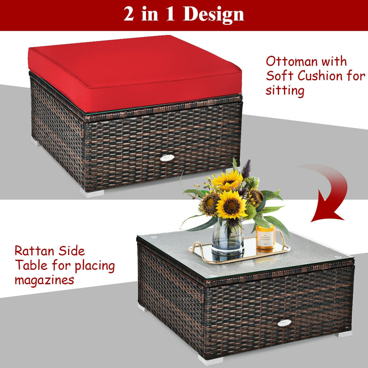 6 Pieces Patio Rattan Furniture Set with Sectional Cushion-Red