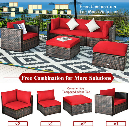 6 Pieces Patio Rattan Furniture Set with Sectional Cushion-Red