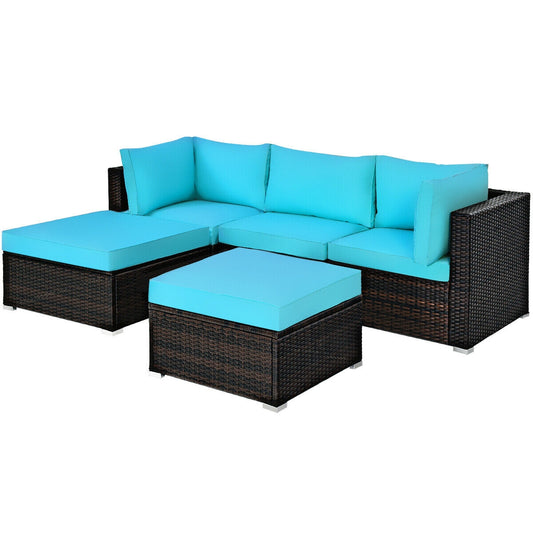 5 Pieces Patio Rattan Sectional Conversation Ottoman Furniture Set-Blue