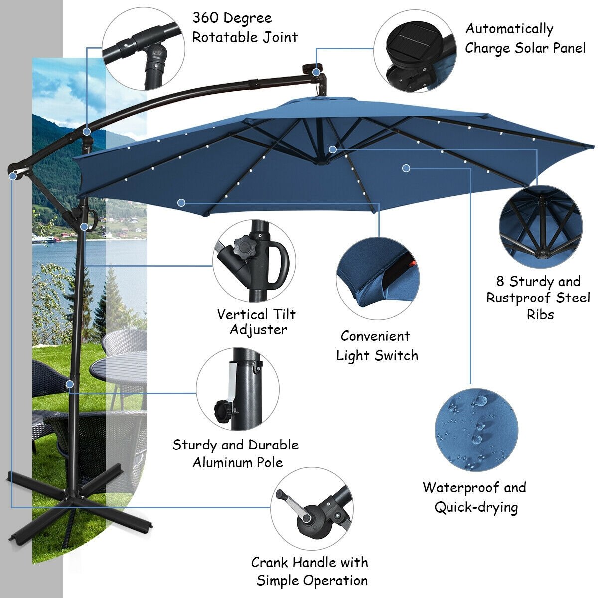 10 ft 360° Rotation Solar Powered LED Patio Offset Umbrella without Weight Base-Beige