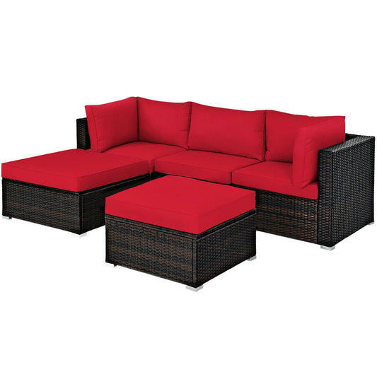5 Pieces Patio Rattan Sofa Set with Cushion and Ottoman-Red