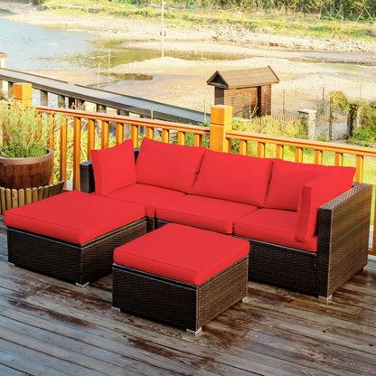 5 Pieces Patio Rattan Sofa Set with Cushion and Ottoman-Beige
