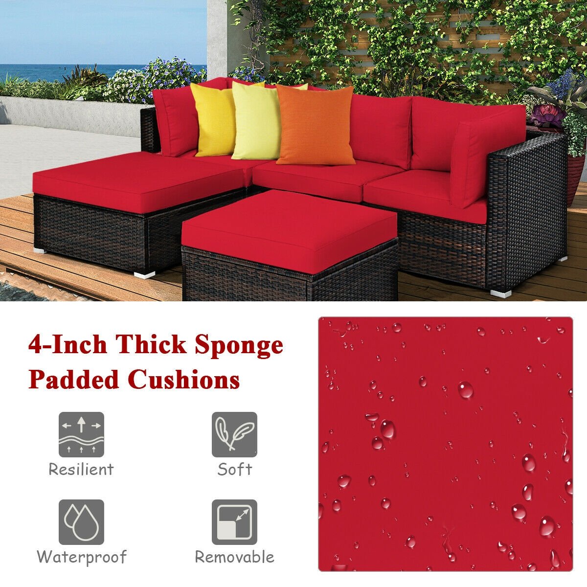 5 Pieces Patio Rattan Sofa Set with Cushion and Ottoman-Beige
