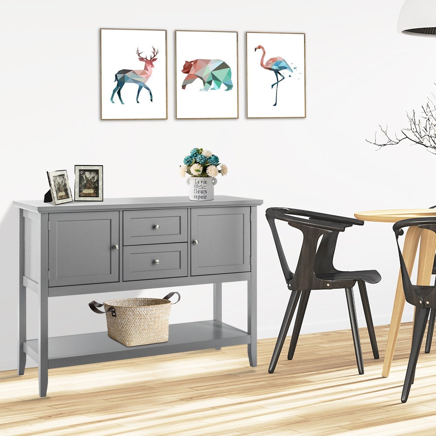 Wooden Sideboard Buffet Console Table  with Drawers and Storage-Beige