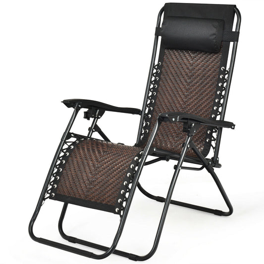 Folding Rattan Zero Gravity Lounge Chair with Removable Head Pillow-Coffee