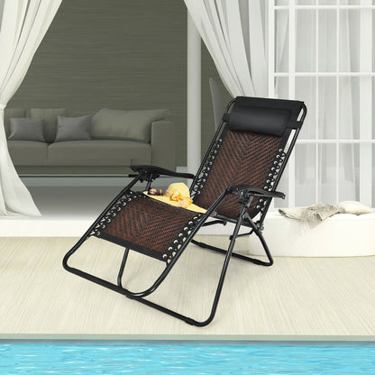 Folding Rattan Zero Gravity Lounge Chair with Removable Head Pillow-Brown
