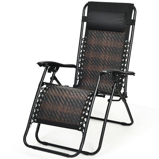 Folding Rattan Zero Gravity Lounge Chair with Removable Head Pillow-Brown