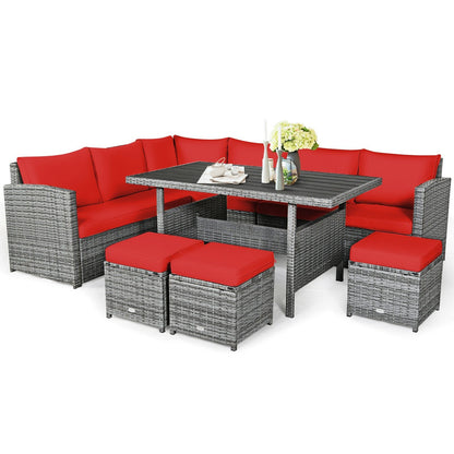 7 Pcs All-Weather Patio Rattan Dining Furniture Sectional Sofa Set with Wicker Ottoman and Cushed Couch-Off White