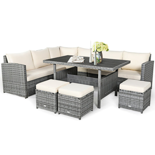 7 Pcs All-Weather Patio Rattan Dining Furniture Sectional Sofa Set with Wicker Ottoman and Cushed Couch-Off White