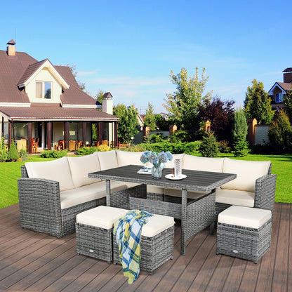 7 Pcs All-Weather Patio Rattan Dining Furniture Sectional Sofa Set with Wicker Ottoman and Cushed Couch-Off White