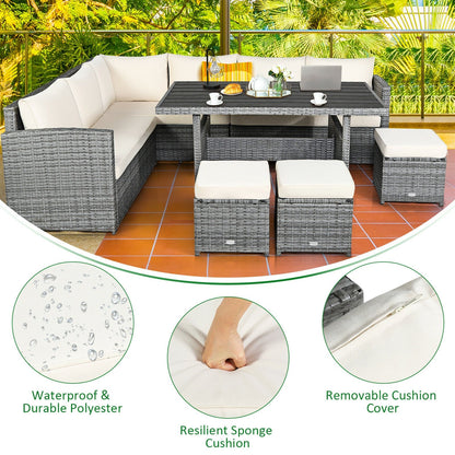 7 Pcs All-Weather Patio Rattan Dining Furniture Sectional Sofa Set with Wicker Ottoman and Cushed Couch-Off White