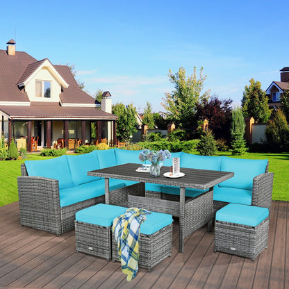 7 Pcs All-Weather Patio Rattan Dining Furniture Sectional Sofa Set with Wicker Ottoman and Cushed Couch-Off White