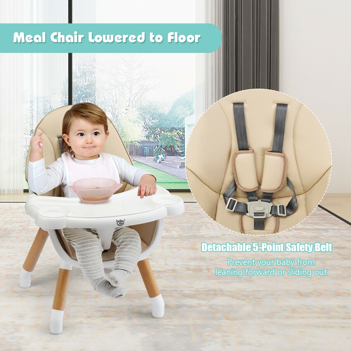 5-in-1 Baby Wooden Convertible High Chair -Khaki