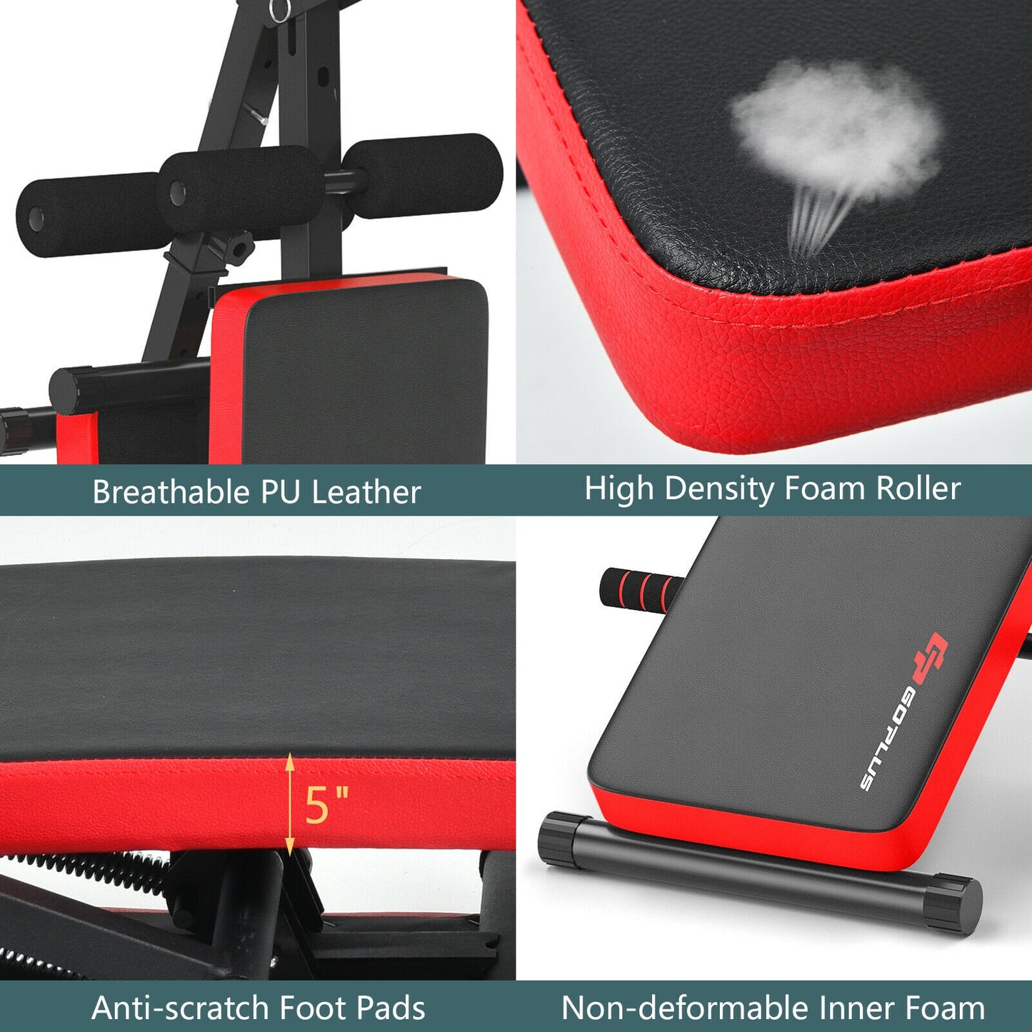 Multi-Functional Foldable Weight Bench Adjustable Sit-up Board with Monitor-Red