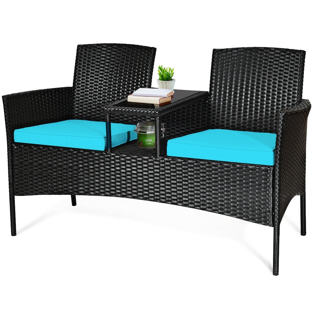 Wicker Patio Conversation Furniture Set with Removable Cushions and Table-Red