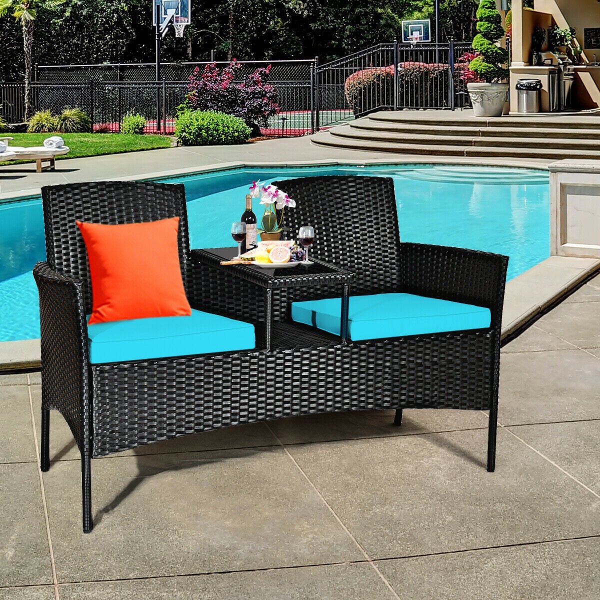 Wicker Patio Conversation Furniture Set with Removable Cushions and Table-Red
