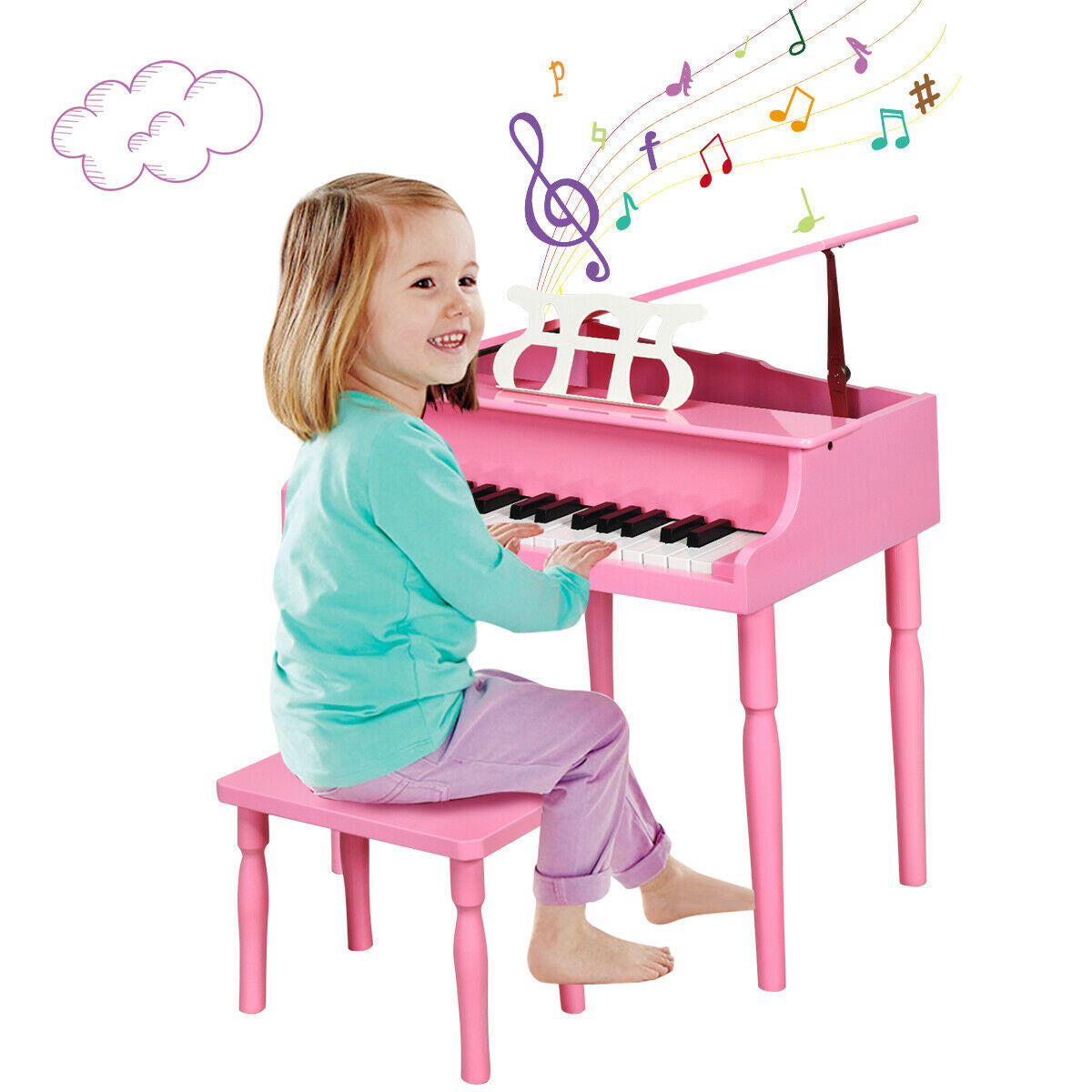 30-Key Wood Toy Kids Grand Piano with Bench and Music Rack-Pink