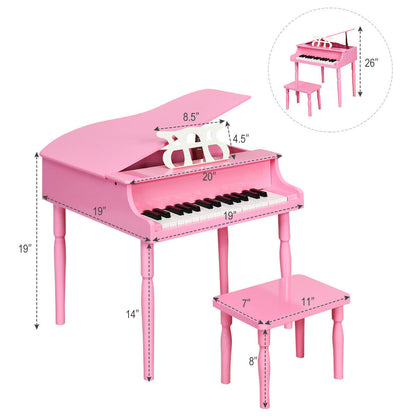 30-Key Wood Toy Kids Grand Piano with Bench and Music Rack-Pink