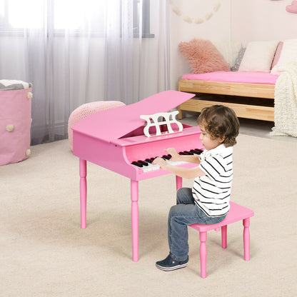 30-Key Wood Toy Kids Grand Piano with Bench and Music Rack-Pink