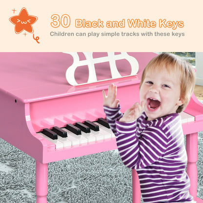 30-Key Wood Toy Kids Grand Piano with Bench and Music Rack-Pink