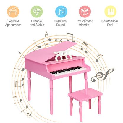 30-Key Wood Toy Kids Grand Piano with Bench and Music Rack-Pink