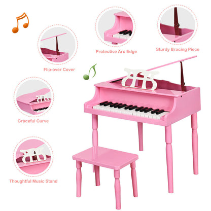 30-Key Wood Toy Kids Grand Piano with Bench and Music Rack-Pink