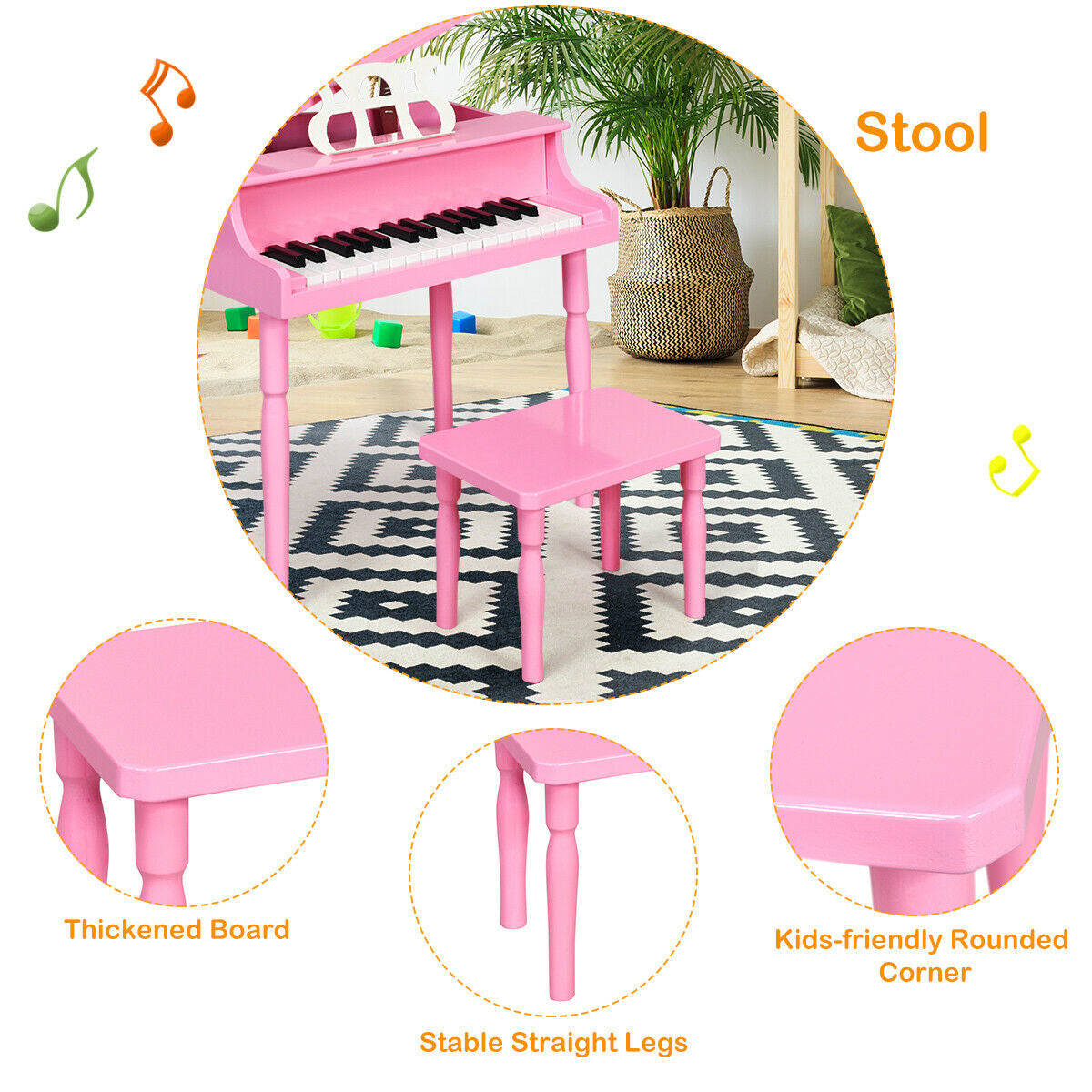 30-Key Wood Toy Kids Grand Piano with Bench and Music Rack-Pink