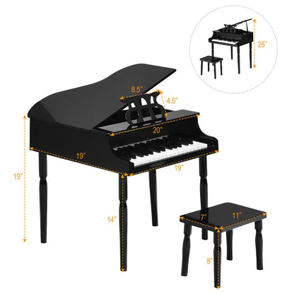 30-Key Wood Toy Kids Grand Piano with Bench and Music Rack-Black