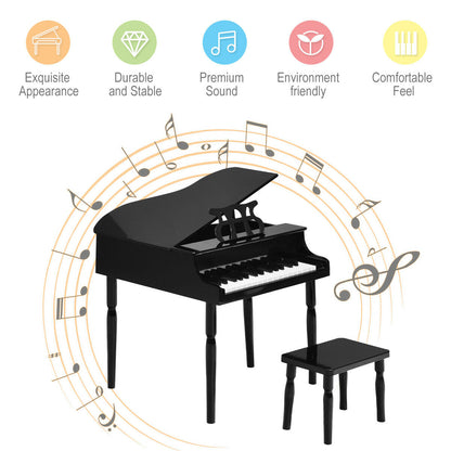 30-Key Wood Toy Kids Grand Piano with Bench and Music Rack-Black