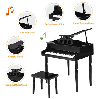 30-Key Wood Toy Kids Grand Piano with Bench and Music Rack-Black