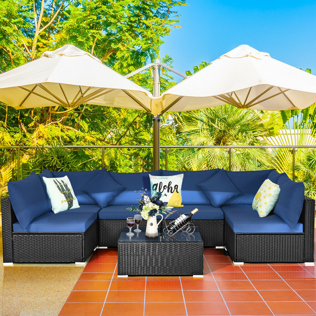 7-Piece Outdoor Sectional Wicker Patio Sofa Set with Tempered Glass Top-White