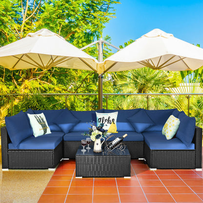 7-Piece Outdoor Sectional Wicker Patio Sofa Set with Tempered Glass Top-White