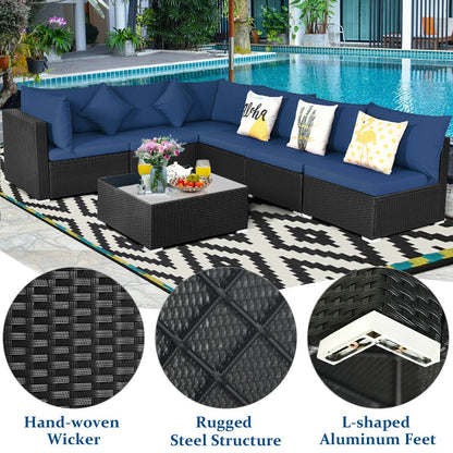 7-Piece Outdoor Sectional Wicker Patio Sofa Set with Tempered Glass Top-White