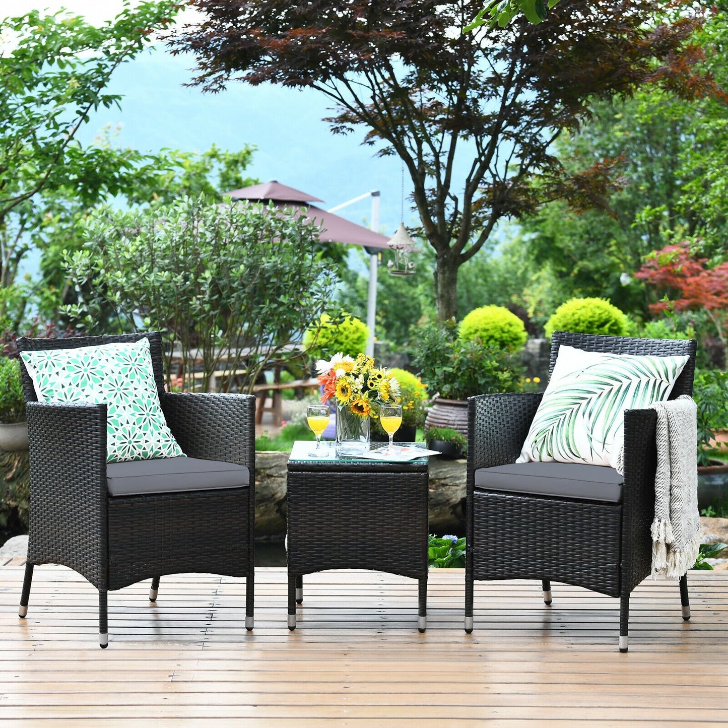 3 Pcs Patio Furniture Set Outdoor Wicker Rattan Set-Blue