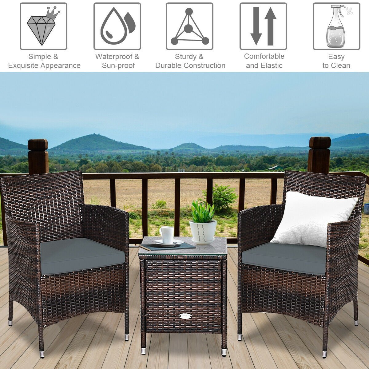 3 Pcs Patio Furniture Set Outdoor Wicker Rattan Set-Blue