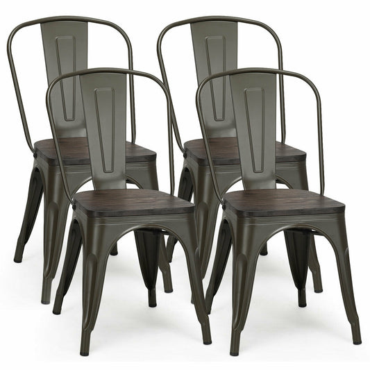 4 Pieces Tolix Style Metal Dining Side Chair Stackable Wood Seat-Dark Brown