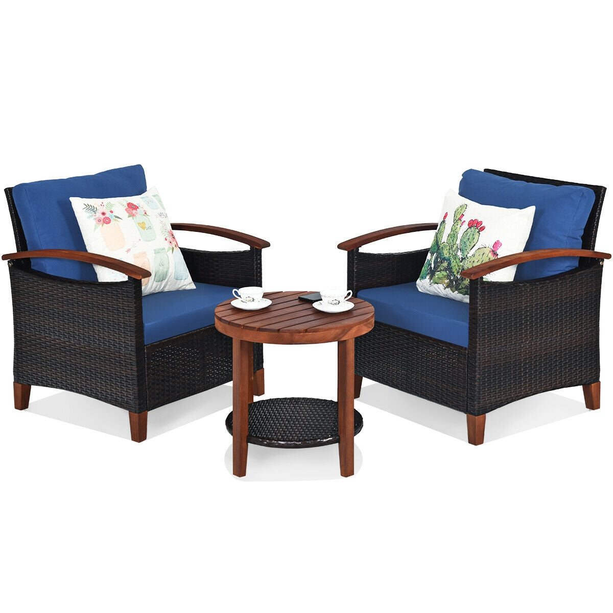 3 Pcs Solid Wood Frame Patio Rattan Furniture Set-Blue