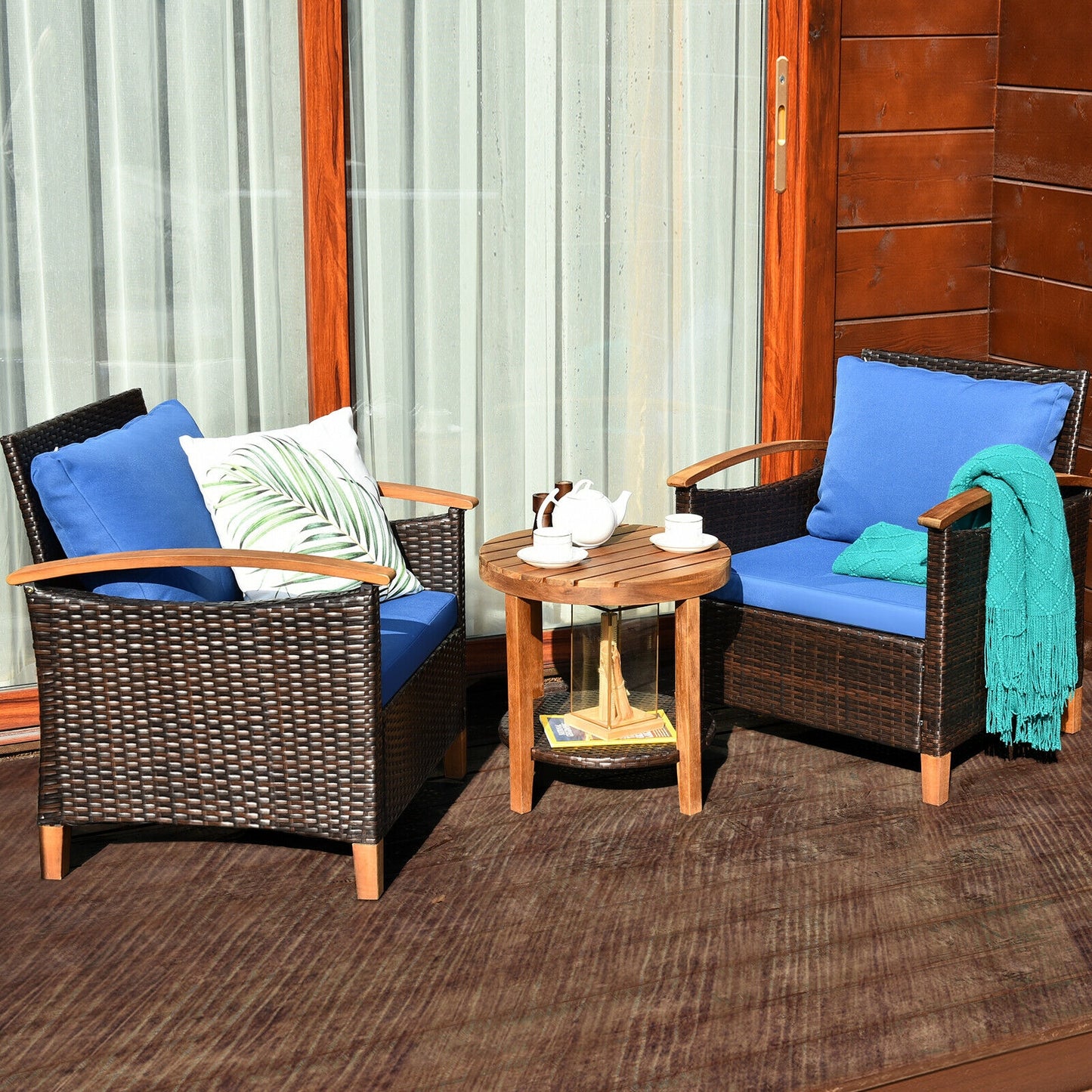 3 Pcs Solid Wood Frame Patio Rattan Furniture Set-Blue